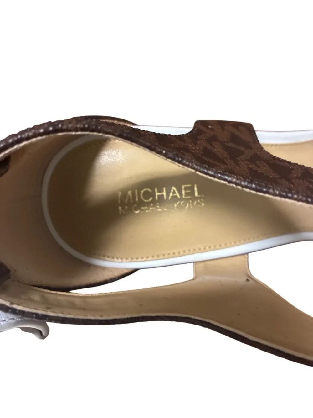 Michael Kors Berkley Sandal OP White Brown Leather Slingback Sandal‎ Heels 9M